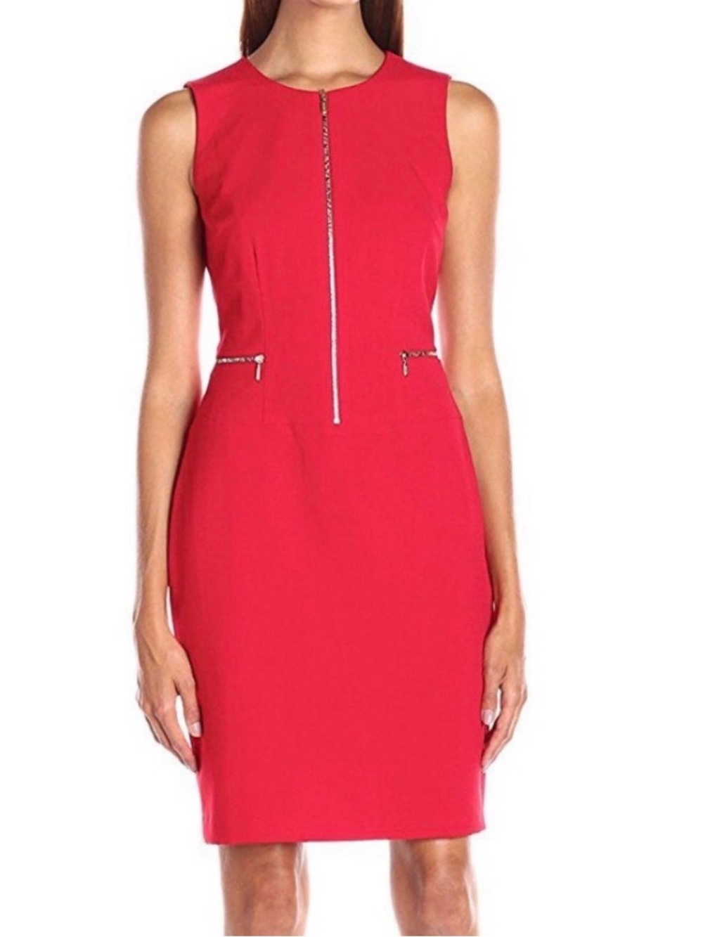 Sleeveless Red Zip-Front Sheath Dress